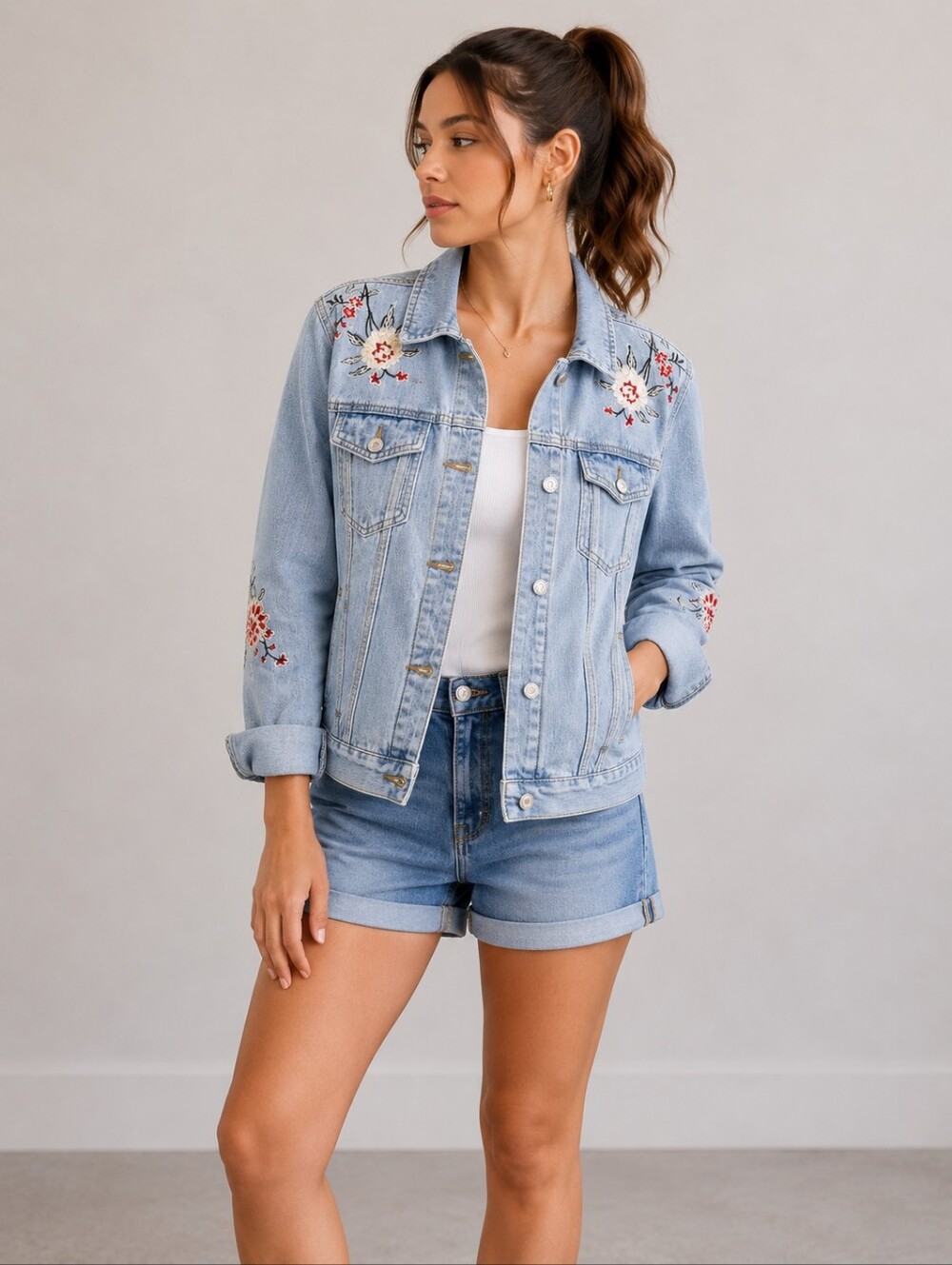 Gianni Bini Cotton Light Wash Denim Jacket with Floral Embroidery